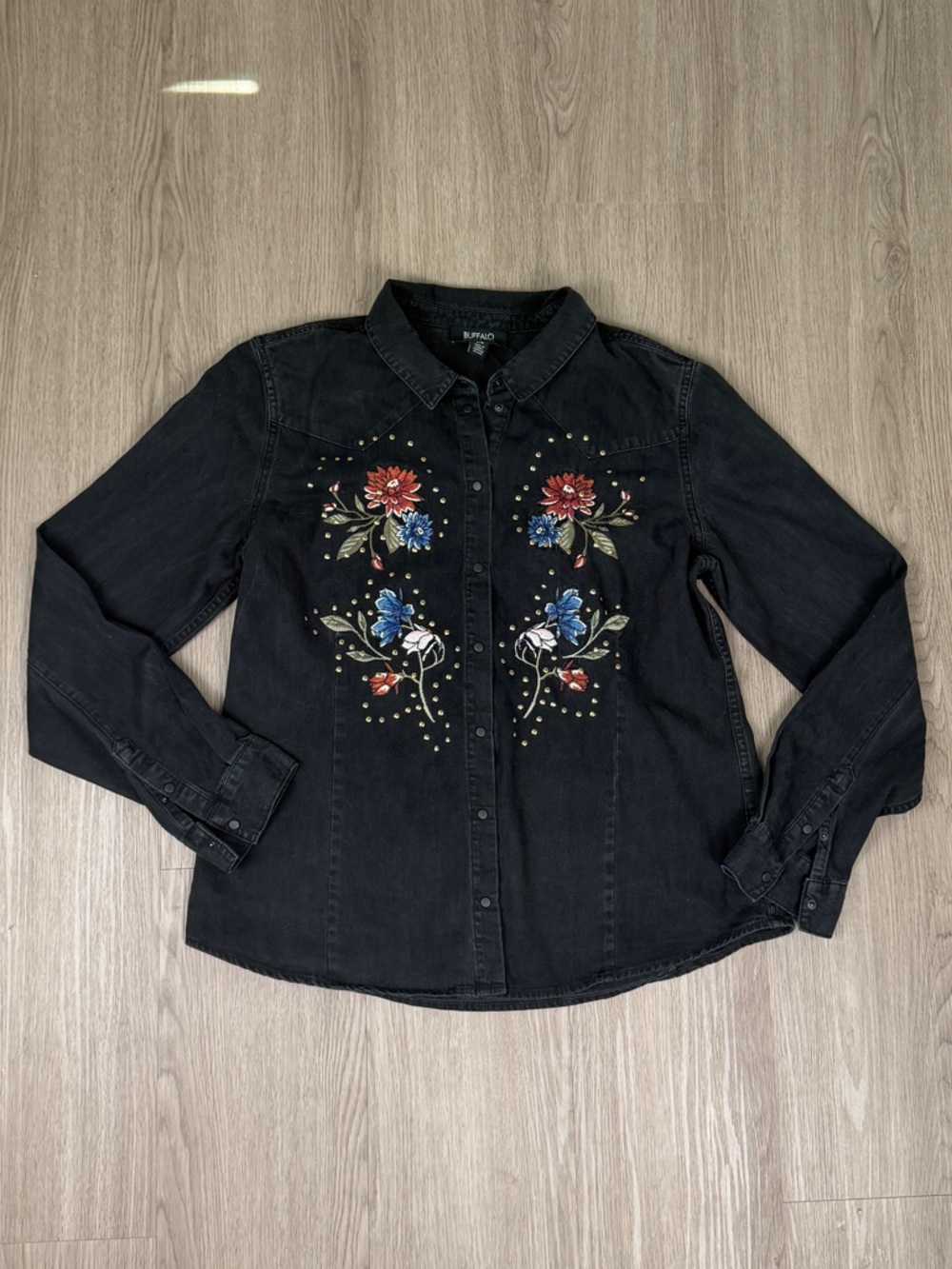 Buffalo David Bitton Black Button-Up Shirt with Snap Placket embroidered,